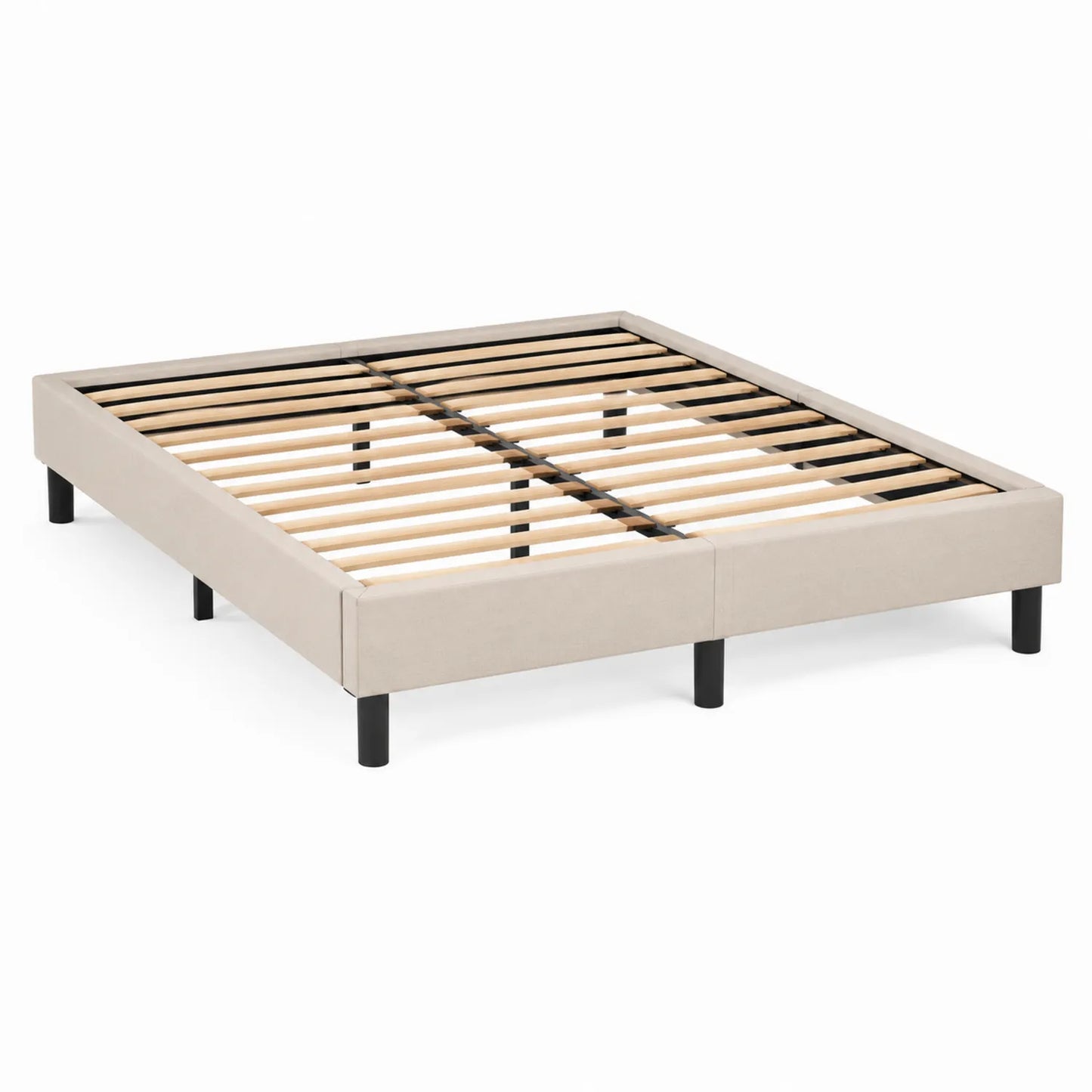 Cama de Tela Beige con Lamas de Roble y Estructura de Acero