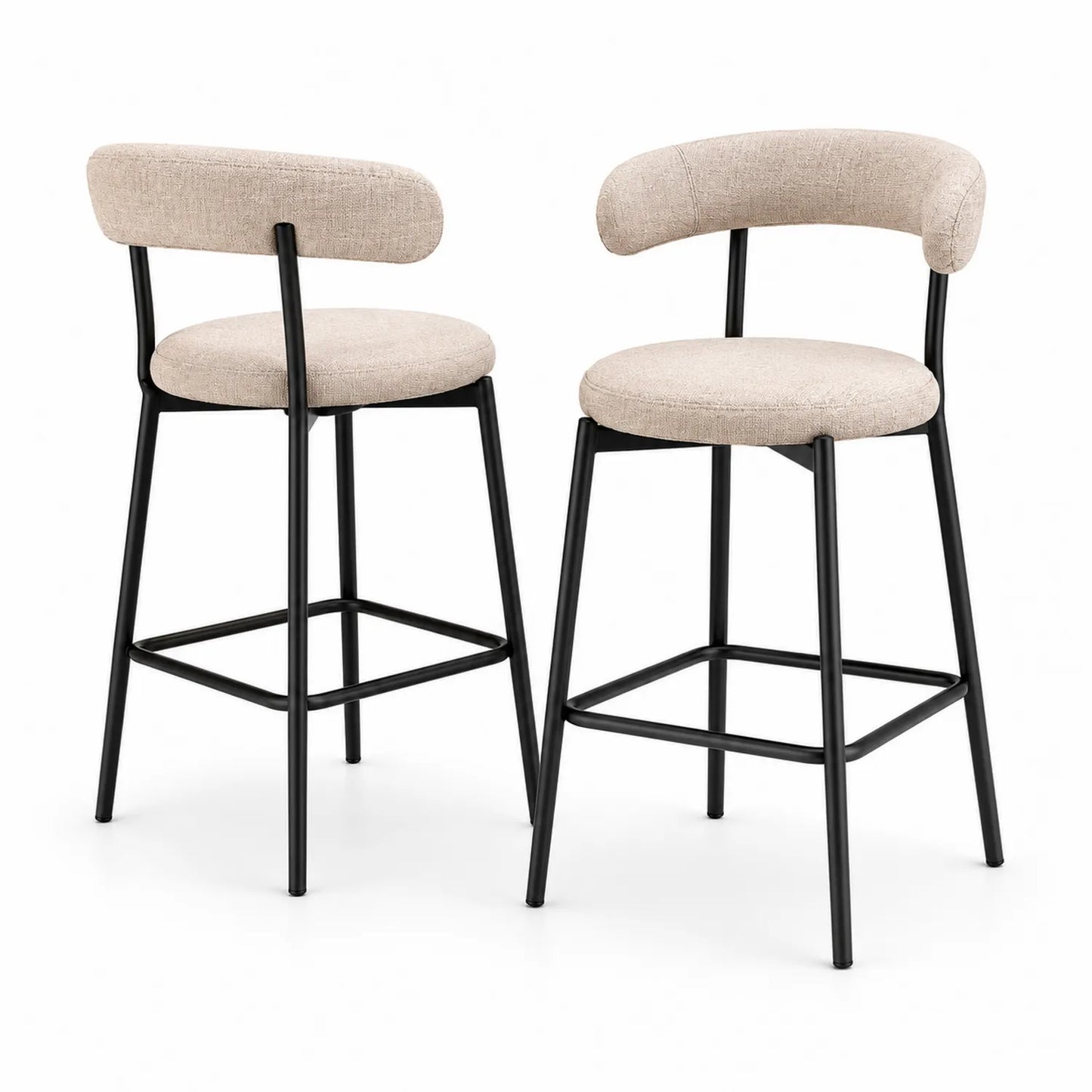 Set de 2 taburetes de bar de lino beige con estructura metálica negra