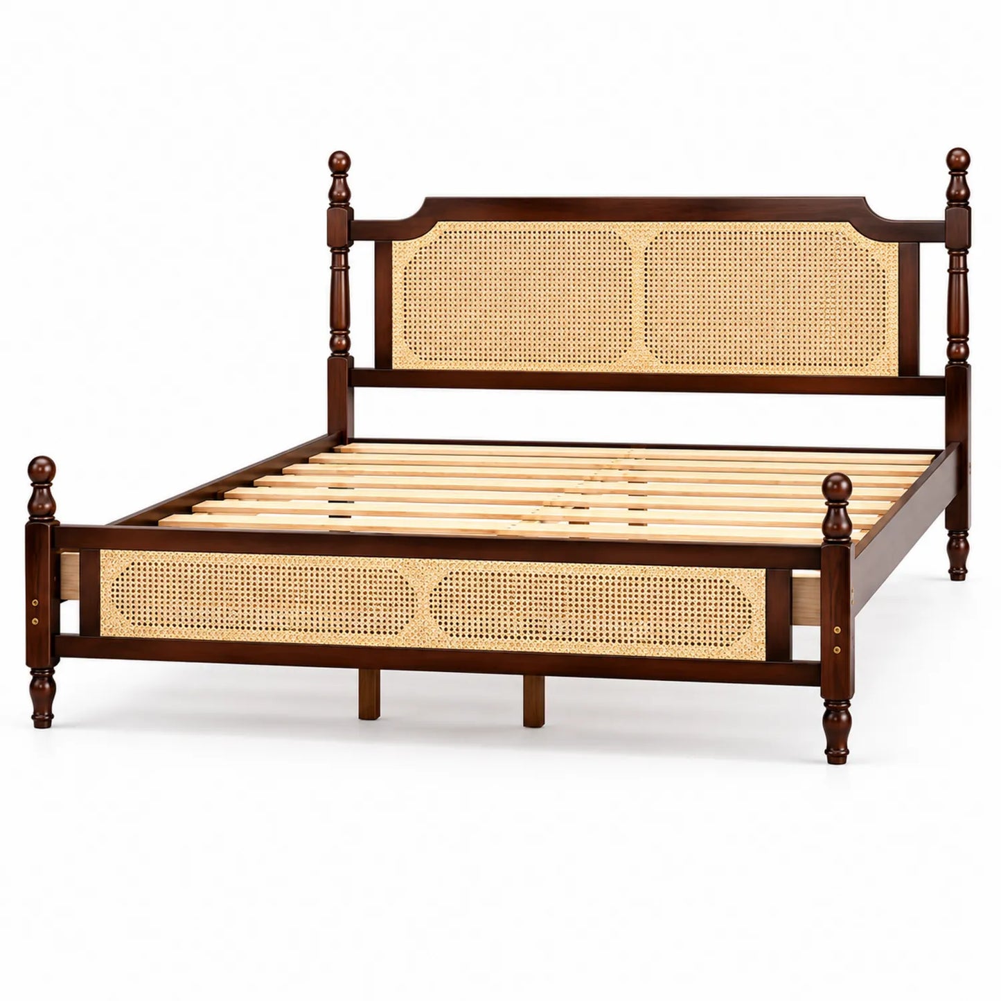 Cama de Madera y Ratán de 200x160 cm Marrón Oscuro