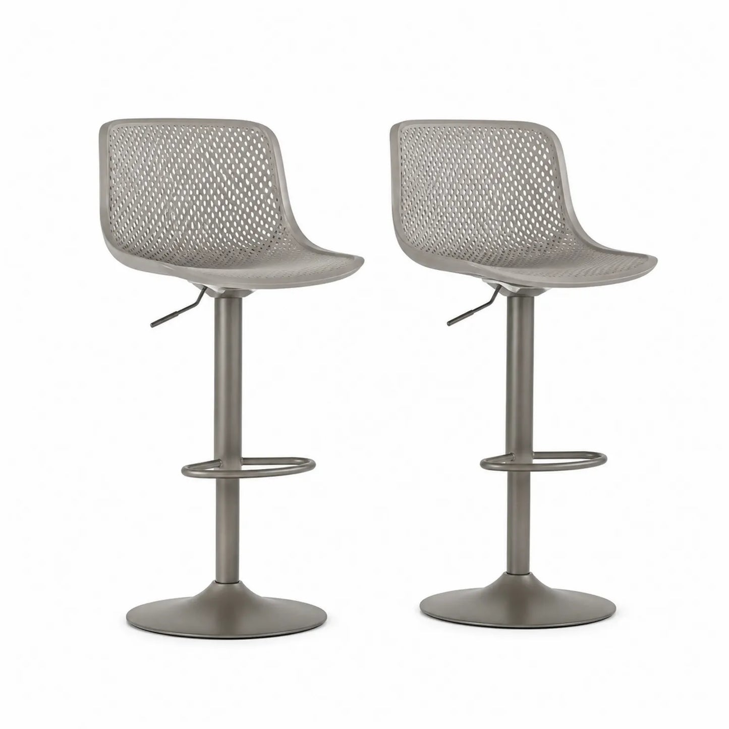 Juego de 2 taburetes ajustables de bar gris con asiento de plástico y base de metal