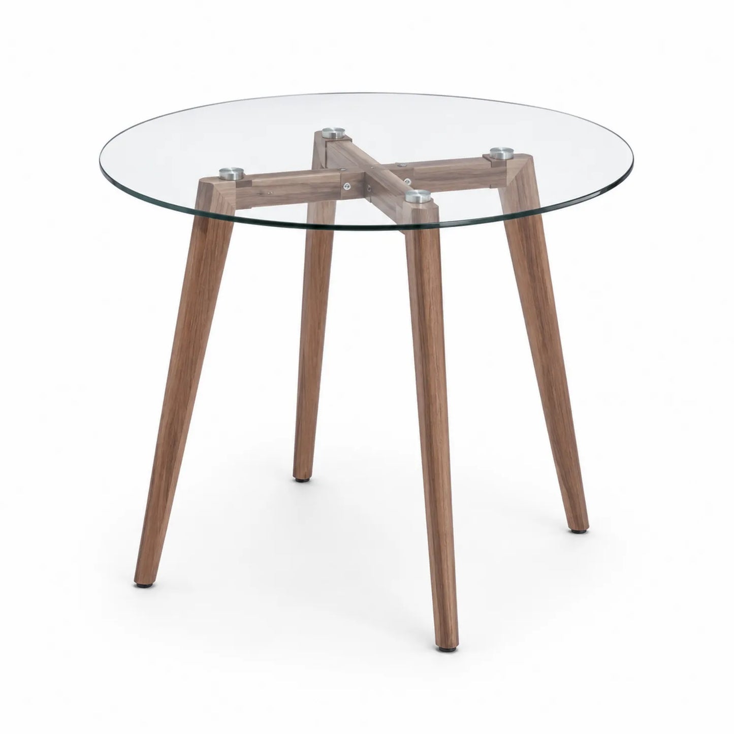 Mesa redonda de vidrio y patas de madera de nogal