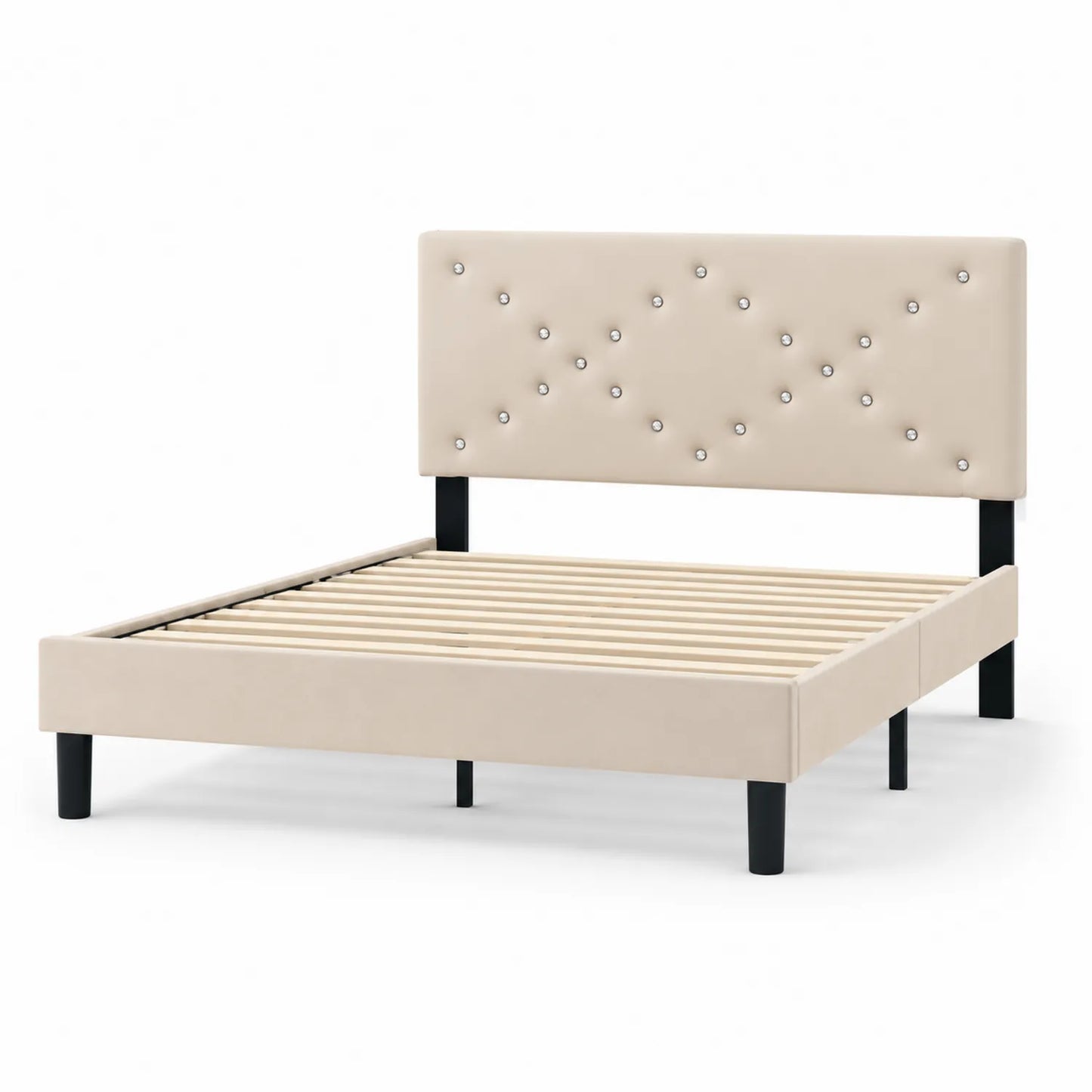 Cama de madera con cabecero tapizado en piel sintética Beige