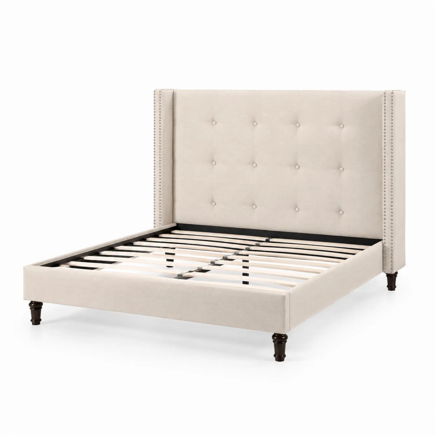 Cama tapizada de poliéster Beige con cabecera y patas de madera