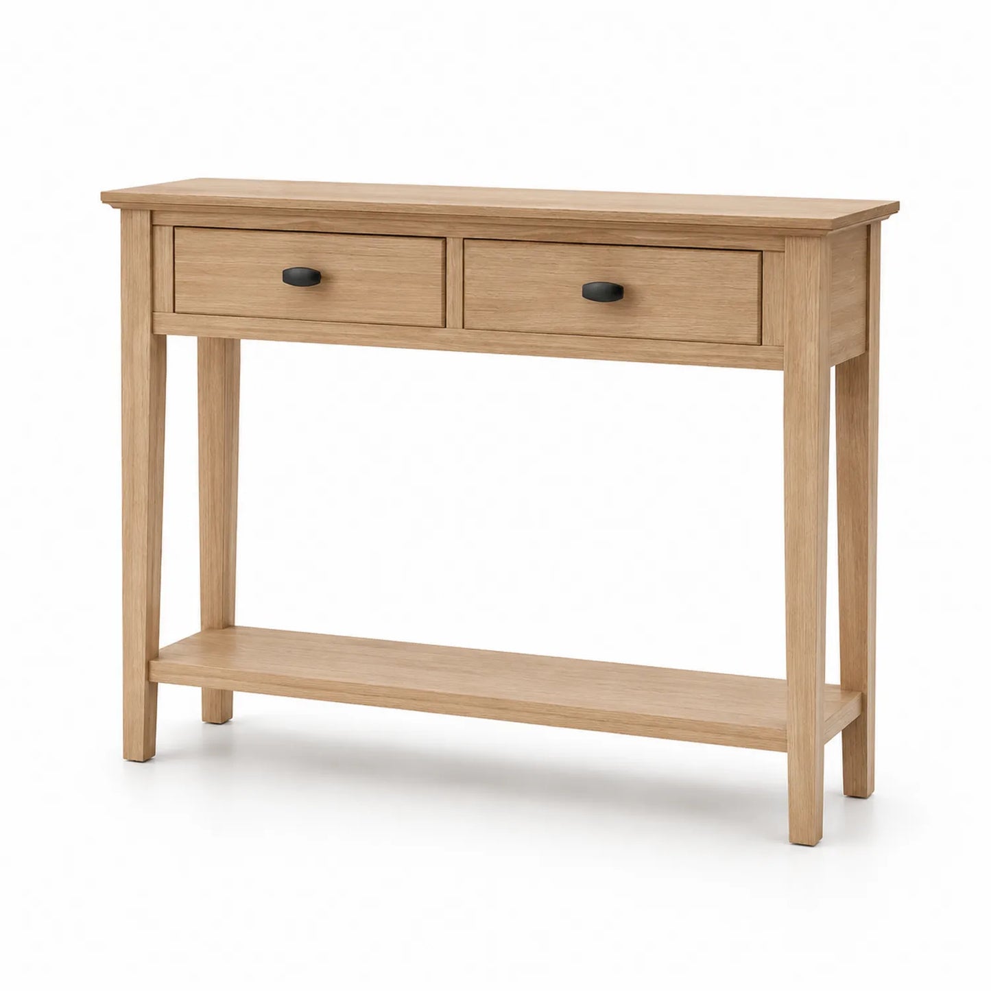 Mesa consola de madera de roble con cajones y estante