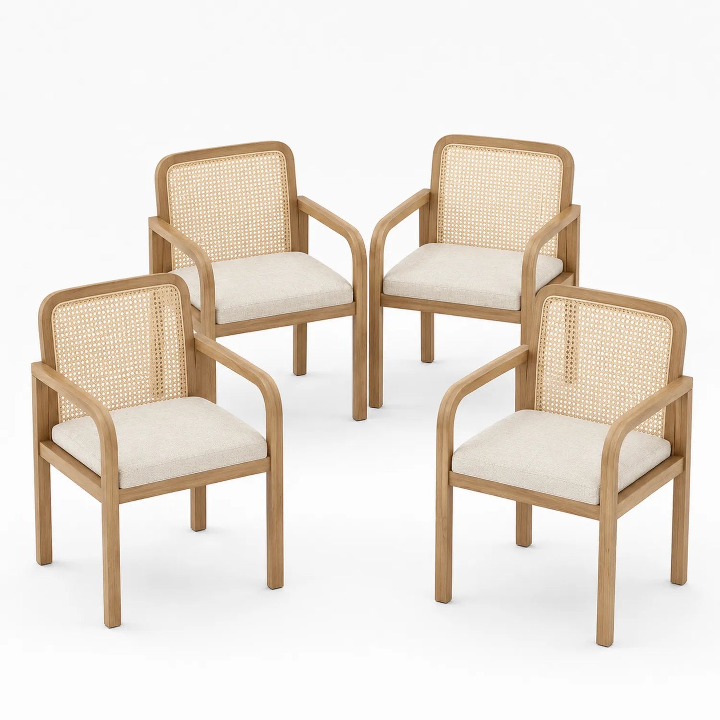 Conjunto de 4 sillas de madera y ratán con asiento beige