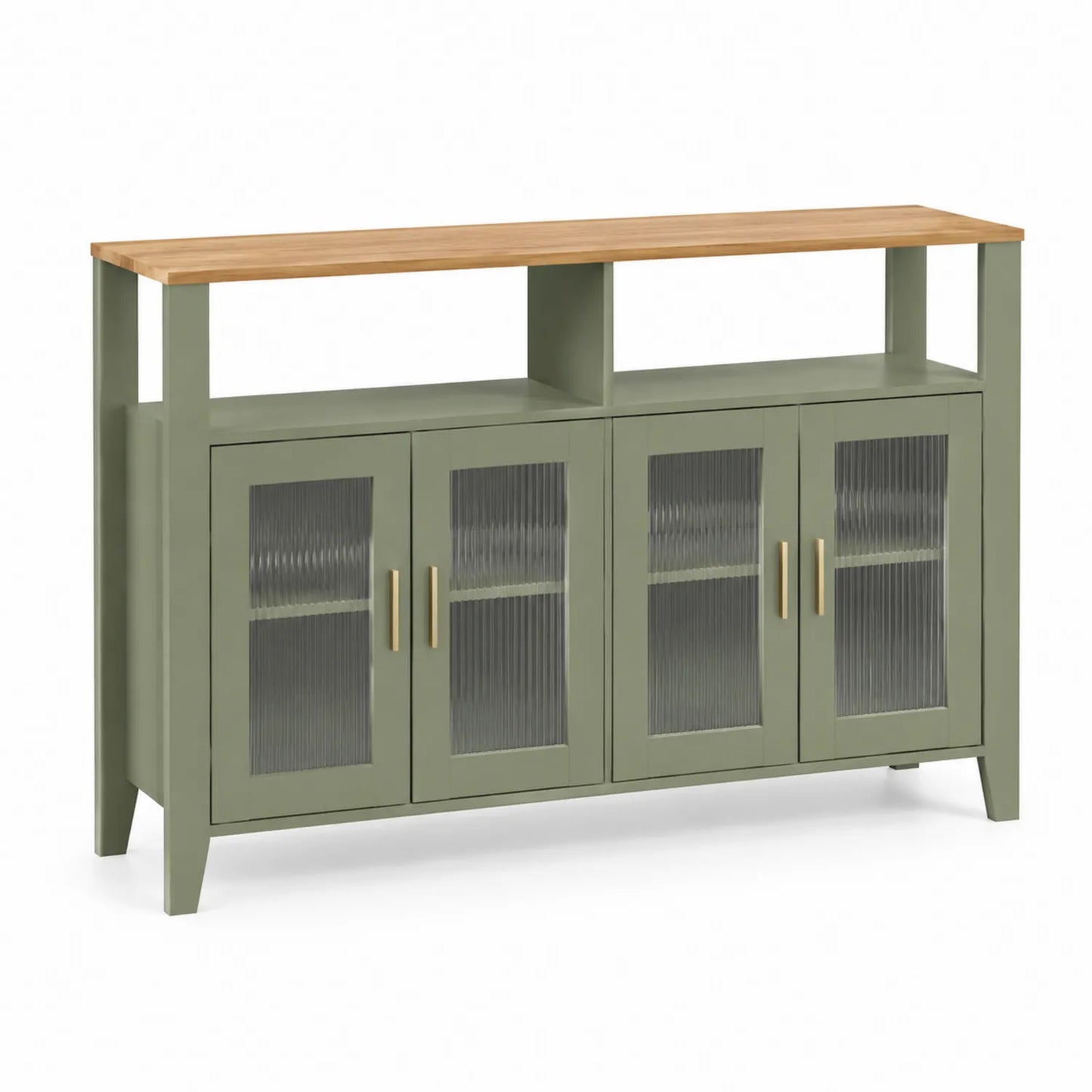 Aparador Verde Oliva con Puertas de Vidrio y Tapa de Roble