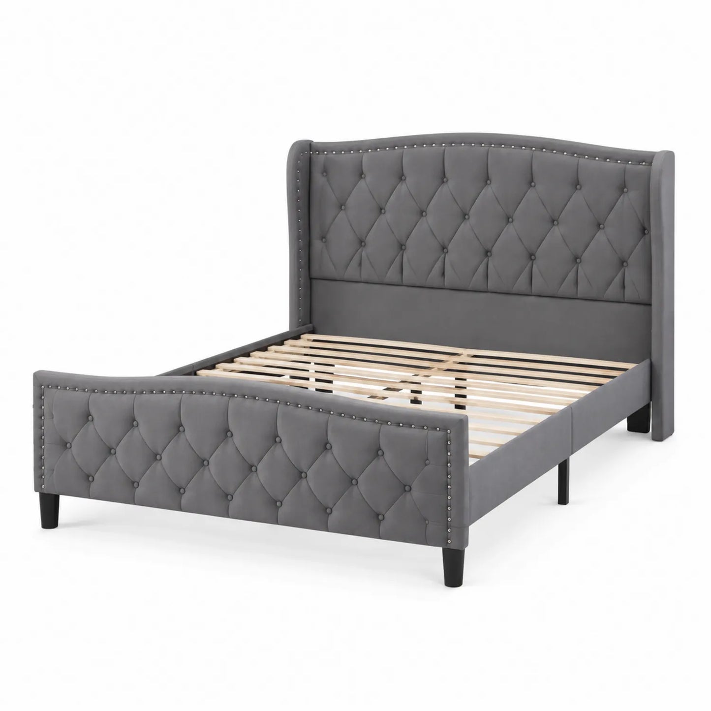 Cama de Tela Gris con Cabecero Acolchado