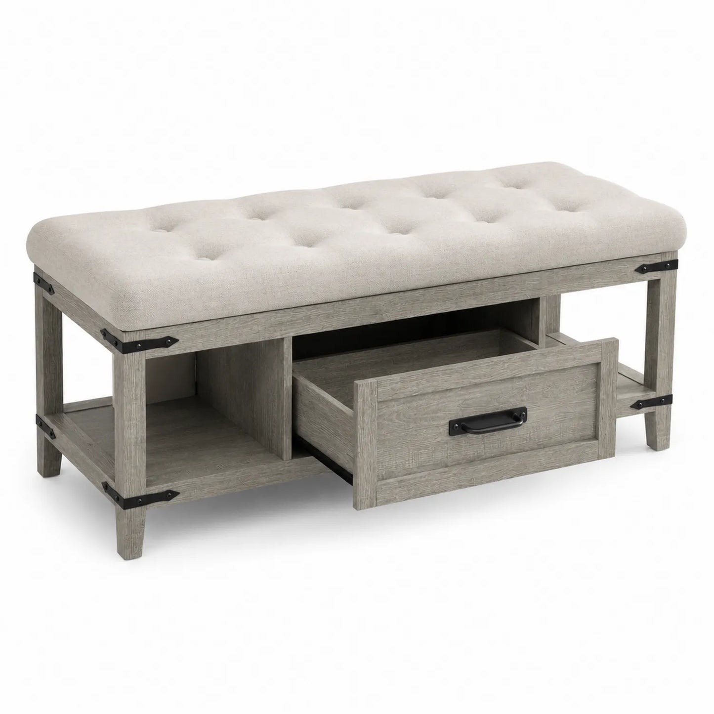 Banco de madera y tela gris con cajón y estantes