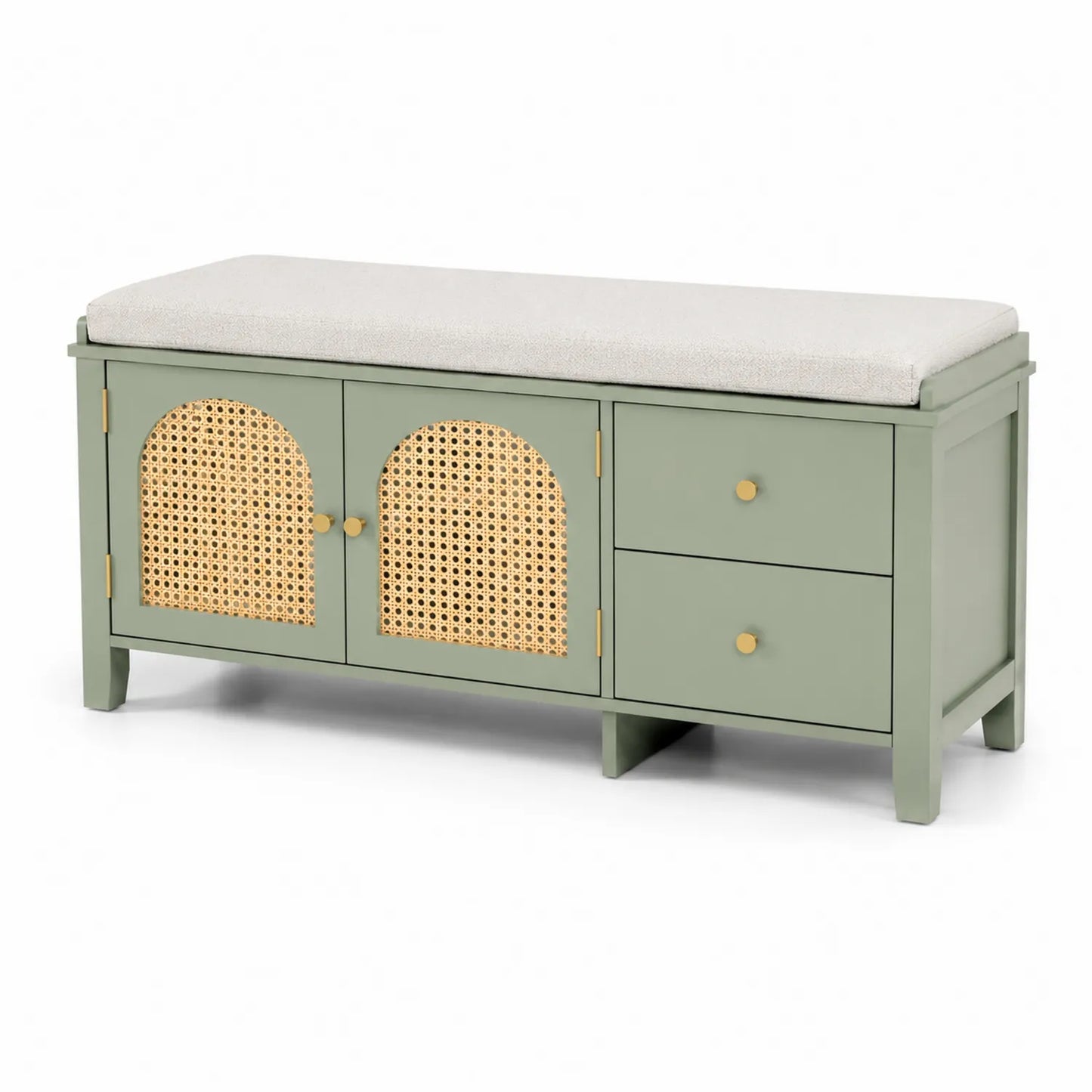 Banco de Madera Verde con Cojín Beige y Puertas de Ratán