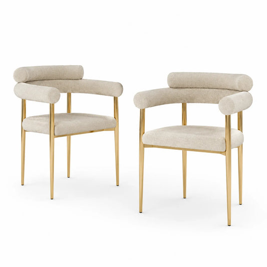 Set de 2 sillas de comedor con tela beige y patas doradas