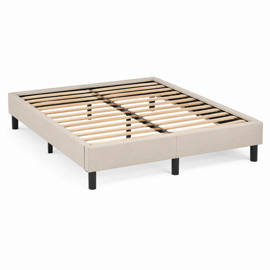 Cama de Tela Beige con Lamas de Roble y Estructura de Acero