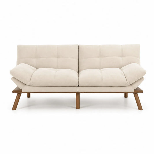 Sofá Cama de Tela Beige con Base de Madera
