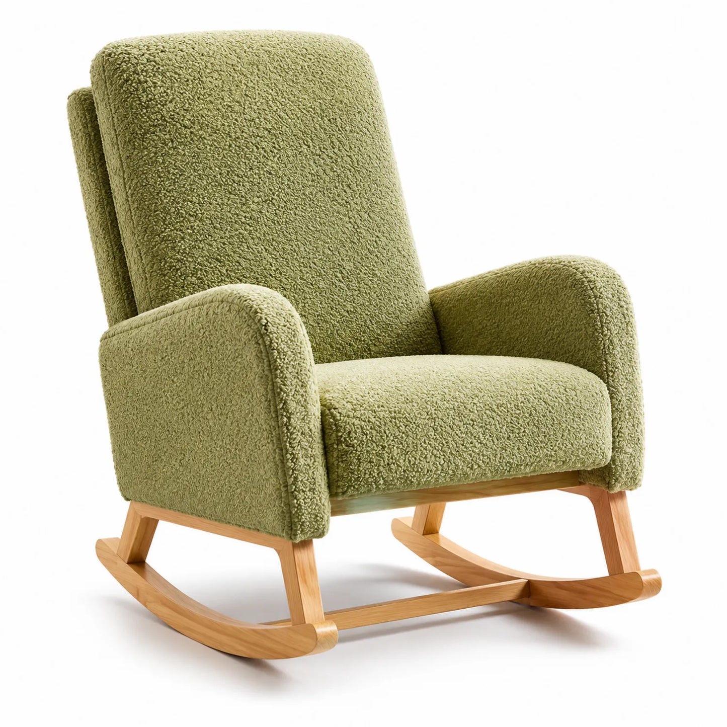 Mecedora tapizada en bouclé verde con estructura de madera