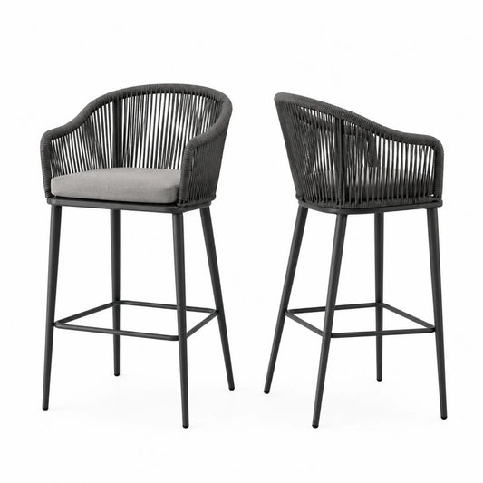 Set de 2 taburetes de bar con respaldo de cuerda y cojín