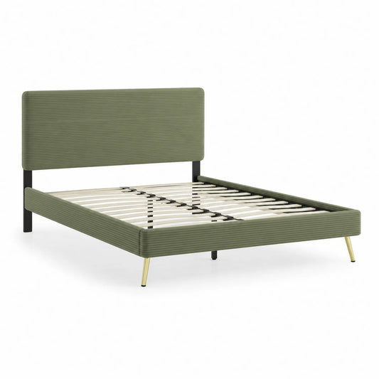 Cama tapizada verde oliva con cabecero y patas de metal 200x160 cm