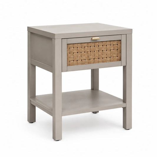 Mesita de noche de madera gris con cajón de mimbre
