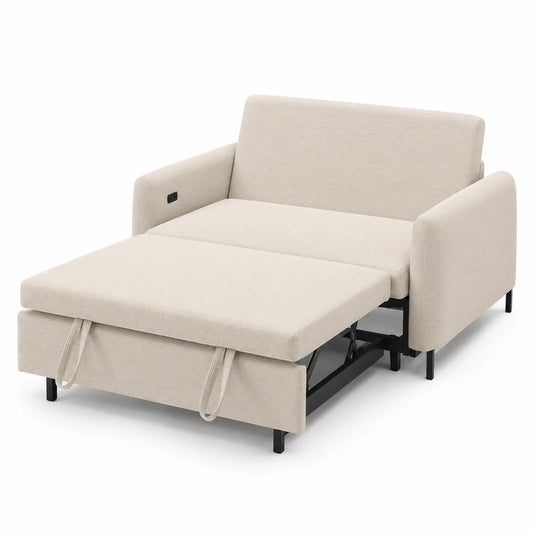 Sofá cama de tela poliéster beige con estructura metálica