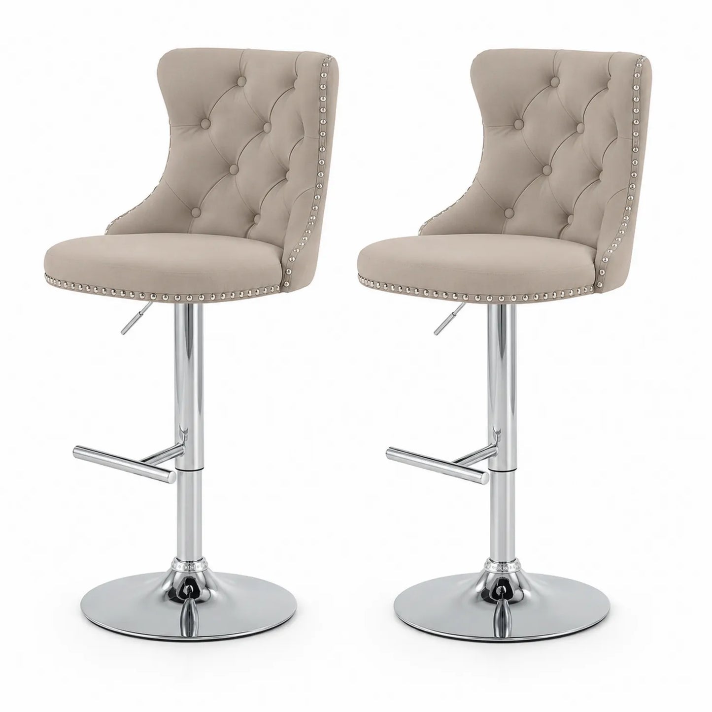 Juego de 2 taburetes ajustables de tela beige con base de metal