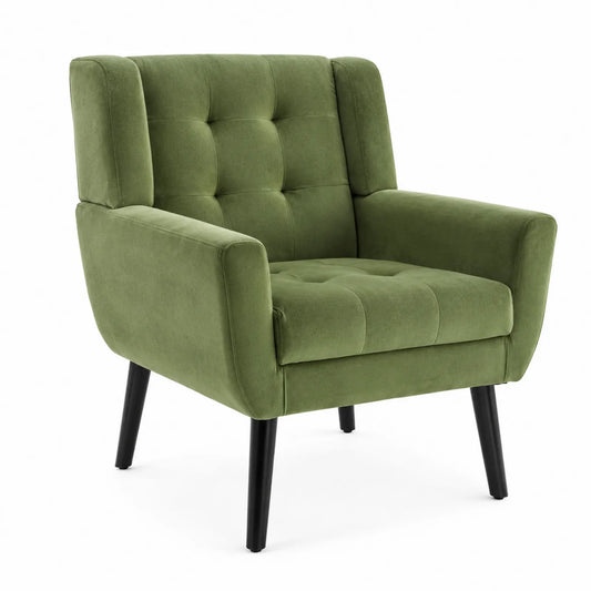 Sillón de terciopelo verde con patas de madera