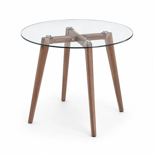 Mesa redonda de vidrio y patas de madera de nogal