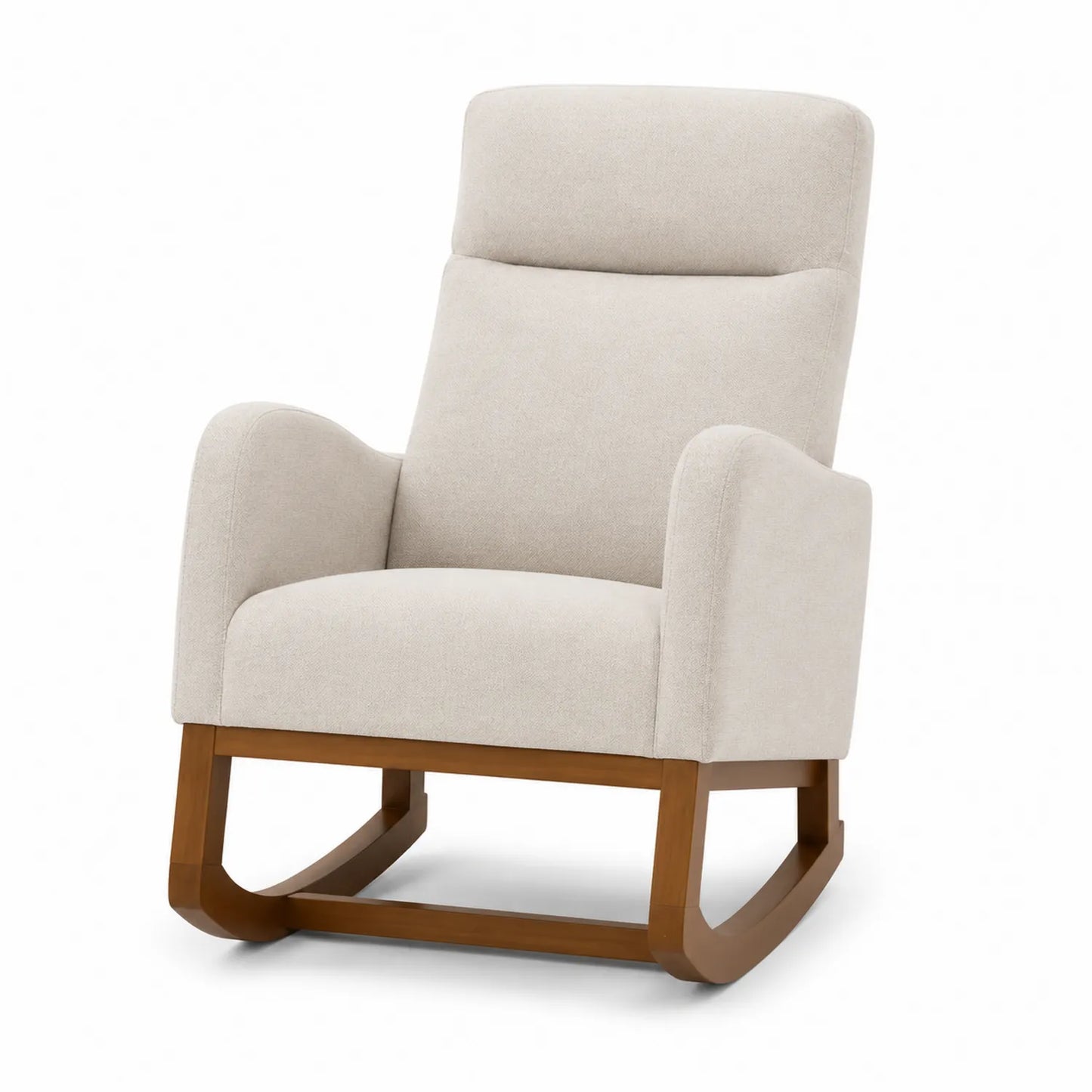 Silla mecedora de tela beige con estructura de madera