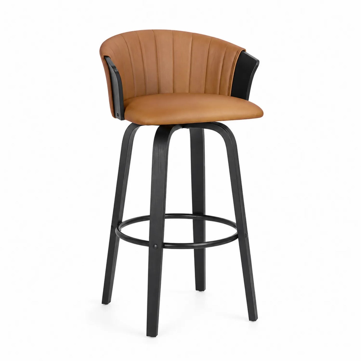 Taburete giratorio de piel sintética marrón con base de madera negra