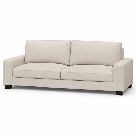 Sofá de tela beige 3 plazas con estructura de madera y patas robustas