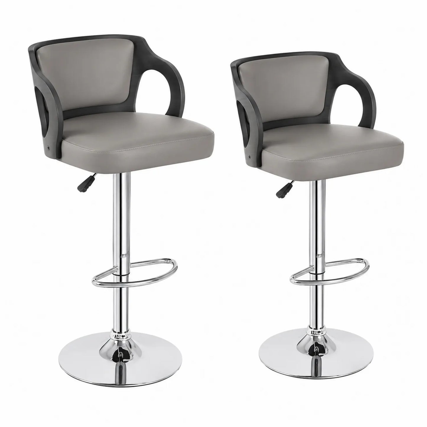 Juego de 2 taburetes de bar con asiento de PU gris y base cromada ajustable