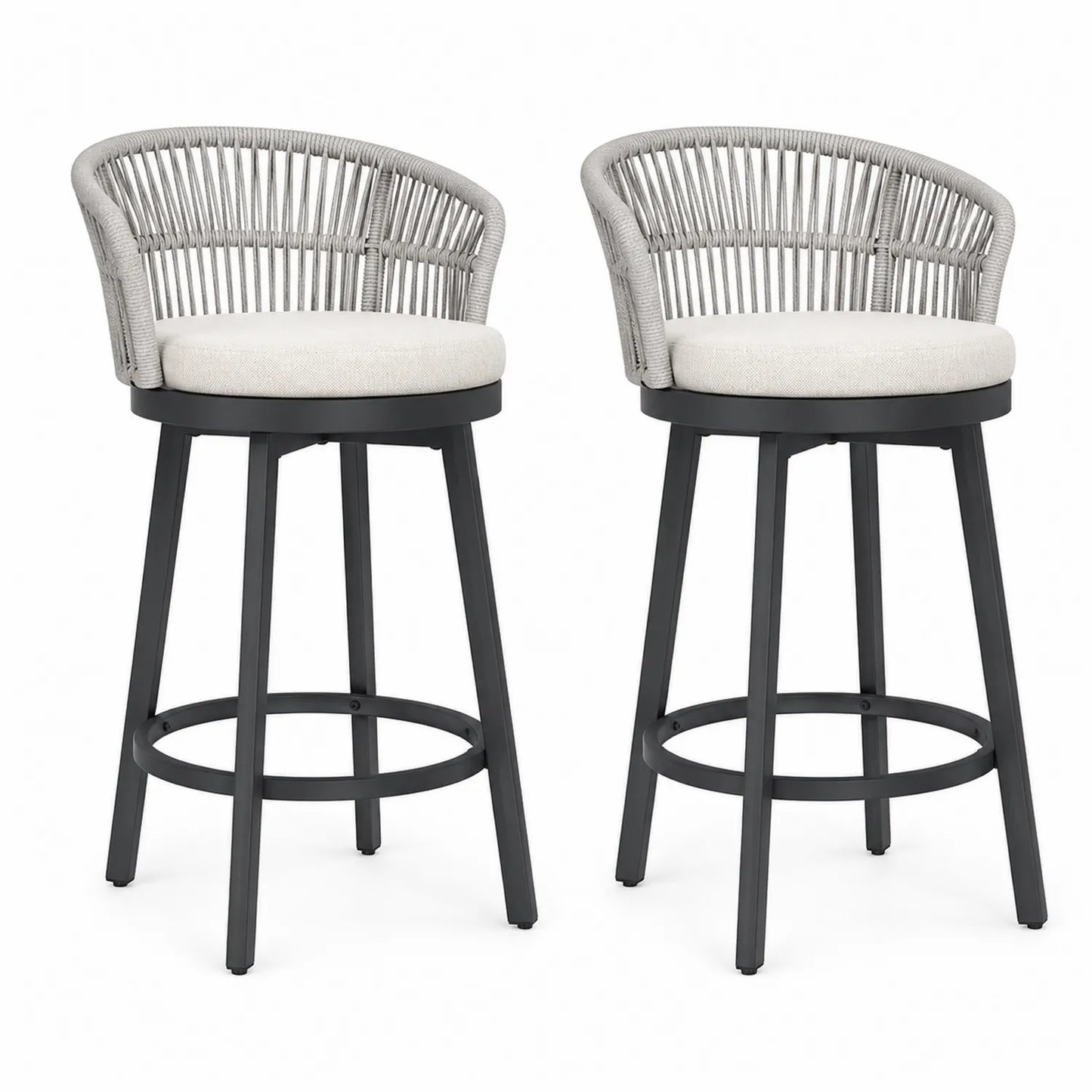 Juego de 2 taburetes de bar giratorios con respaldo de cuerda y estructura de metal