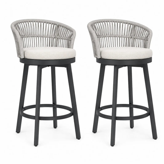 Juego de 2 taburetes de bar giratorios con respaldo de cuerda y estructura de metal