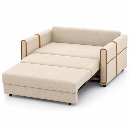 Sofá cama beige de tela con estructura metálica