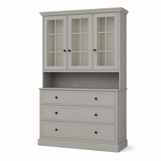 Aparador de Madera Gris con Puertas de Vidrio Templado y Cajones 190x120x45 cm