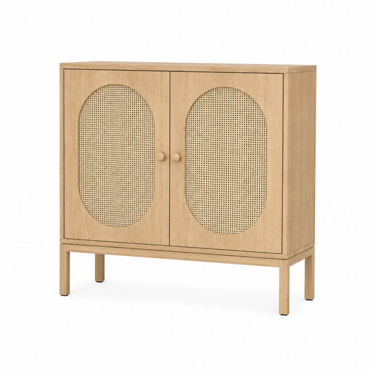 Aparador de Madera y Ratán con Dos Puertas de Roble 80x35x90 cm