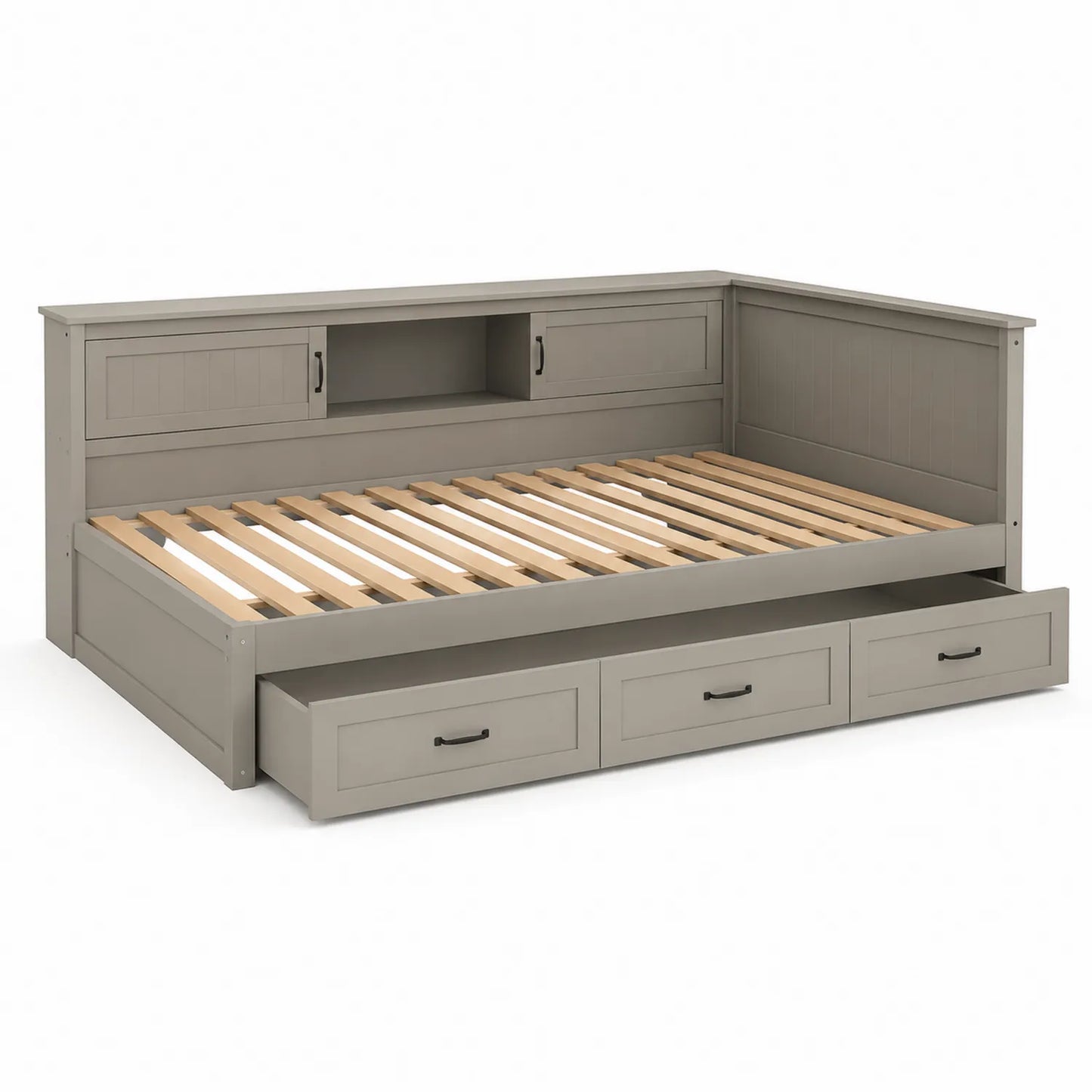 Cama nido de madera gris con almacenamiento y cabecero