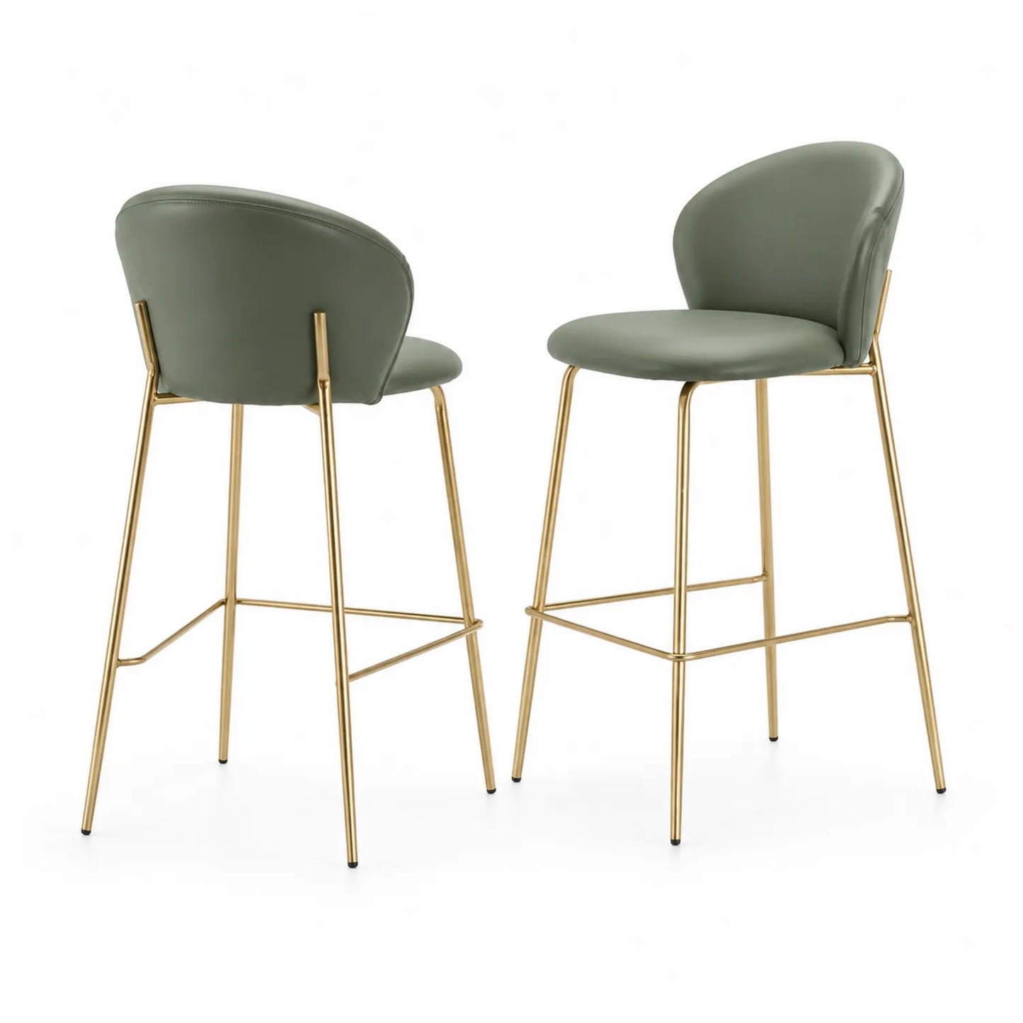 Set de 2 taburetes de bar con respaldo, poliuretano verde y patas metálicas doradas