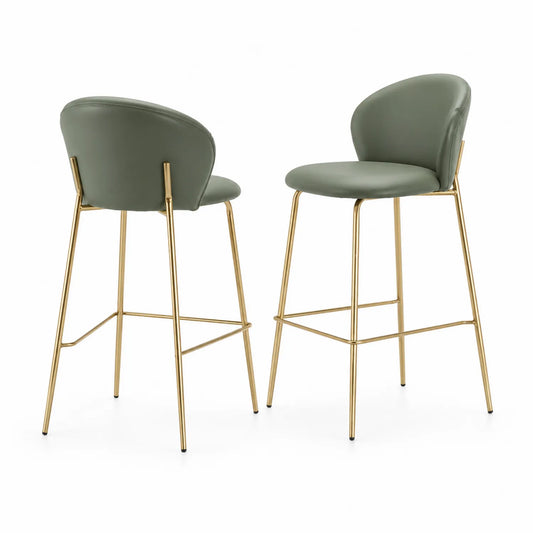 Set de 2 taburetes de bar con respaldo, poliuretano verde y patas metálicas doradas