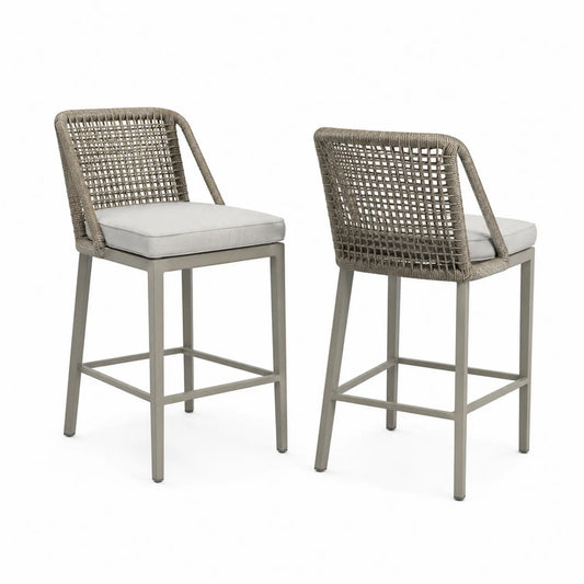 Set de 2 taburetes de bar de cuerda gris y cojines gris claro, estructura de aluminio