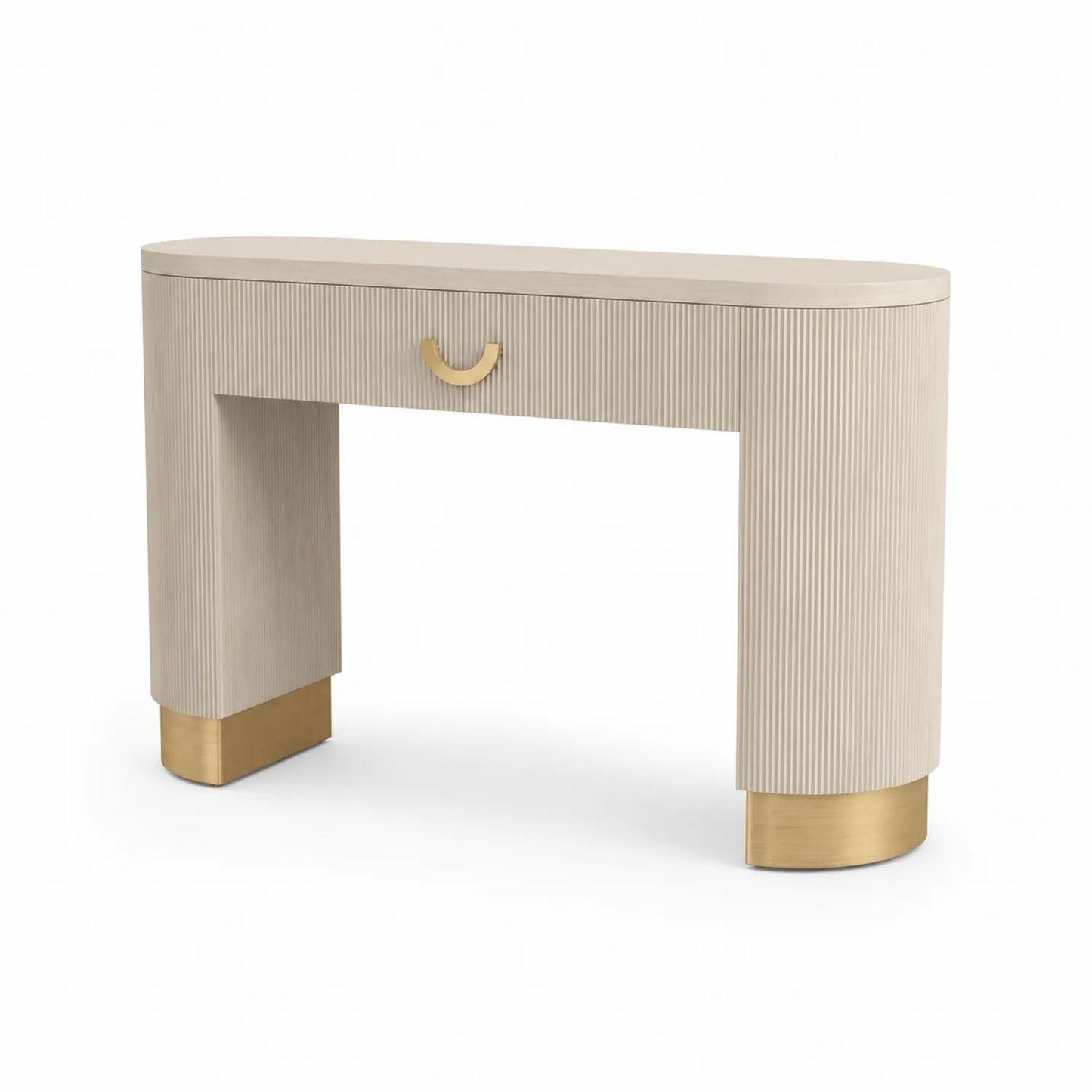 Mesa consola de madera beige con base dorada