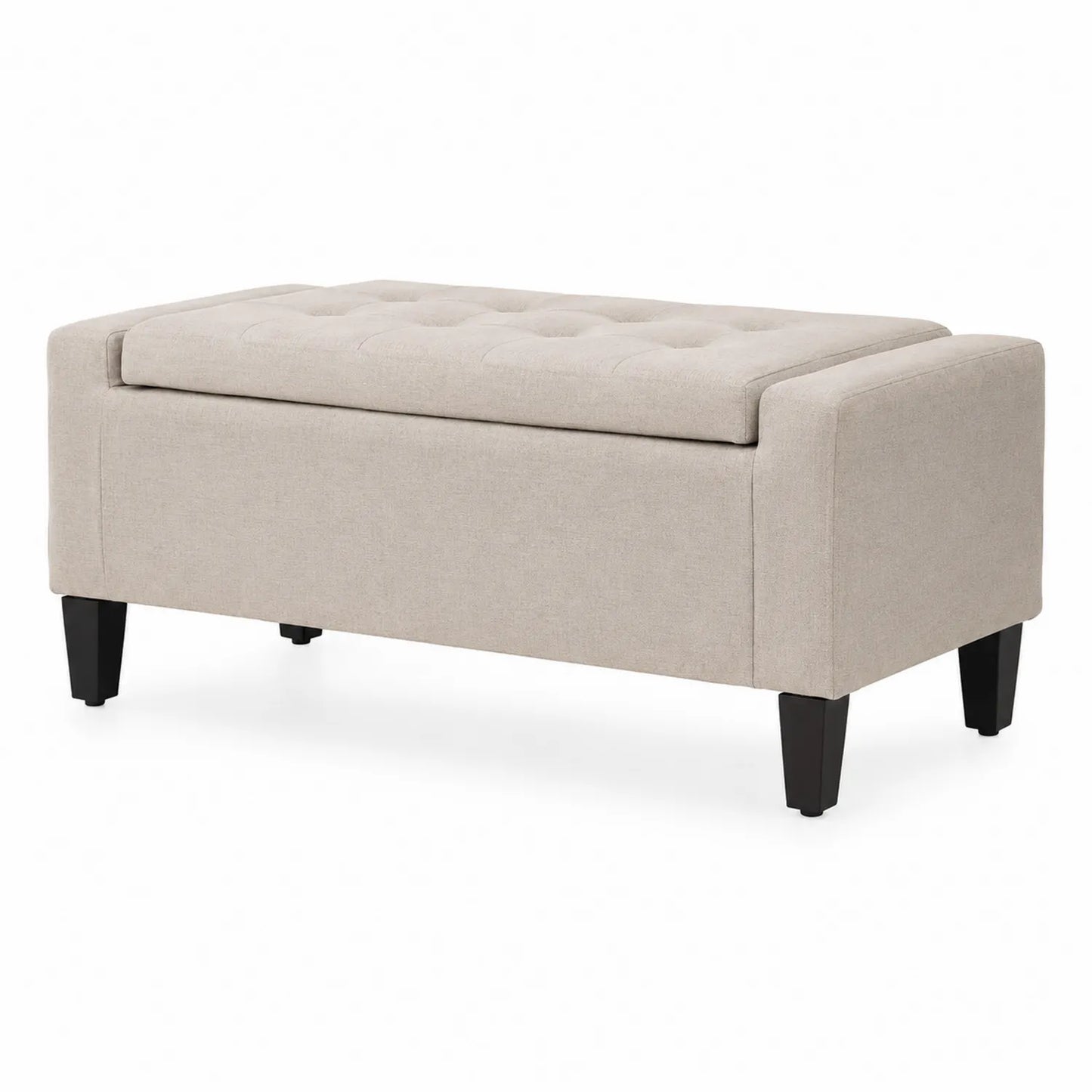 Banco tapizado en tela beige con almacenamiento y patas de madera