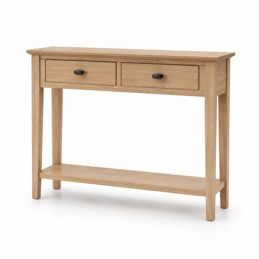 Mesa consola de madera de roble con cajones y estante