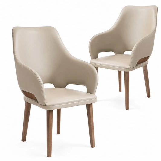 Juego de 2 sillas de comedor de cuero sintético beige y patas de madera