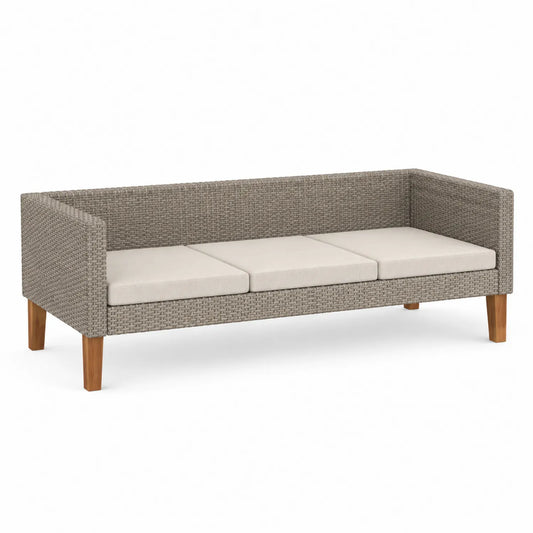 Sofá de ratán sintético 3 plazas Beige y Gris con patas de madera