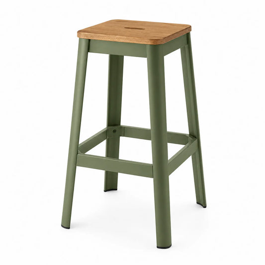 Taburete de Bar Alto de Metal Verde y Asiento de Roble 75 cm