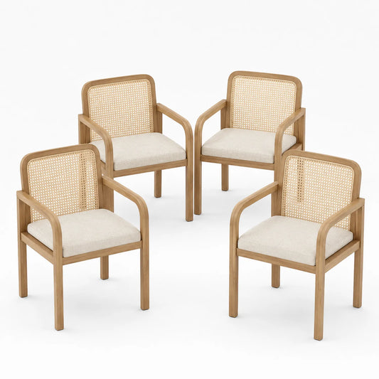 Conjunto de 4 sillas de madera y ratán con asiento beige
