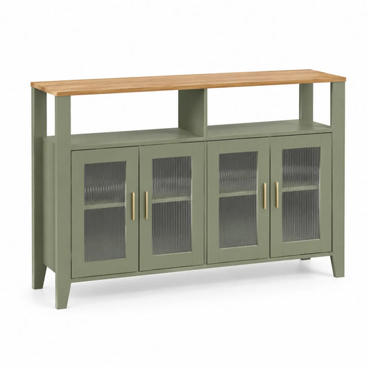 Aparador Verde Oliva con Puertas de Vidrio y Tapa de Roble