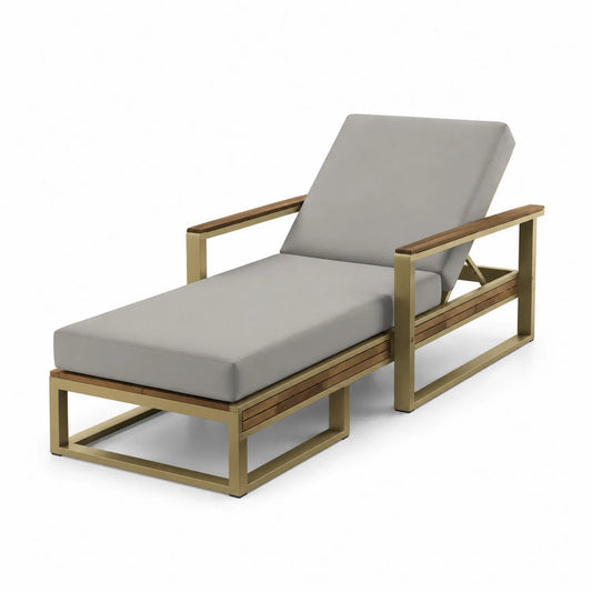 Tumbona de Aluminio Anodizado y Madera con Cojines de Espuma de Poliuretano Beige