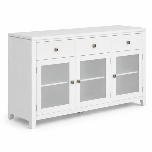 Aparador de Madera Blanca con Puertas de Vidrio Templado y Cajones