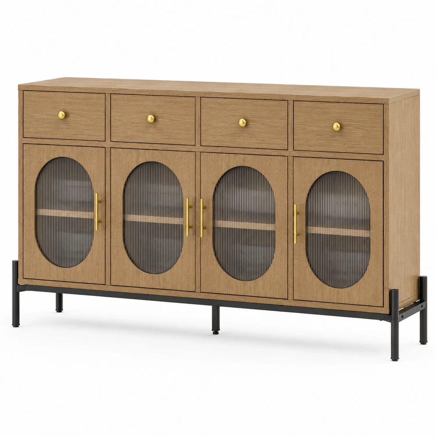 Aparador de Madera de Roble con Puertas de Vidrio y Patas de Metal 160cm