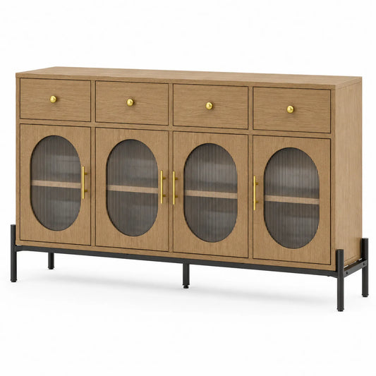 Aparador de Madera de Roble con Puertas de Vidrio y Patas de Metal 160cm