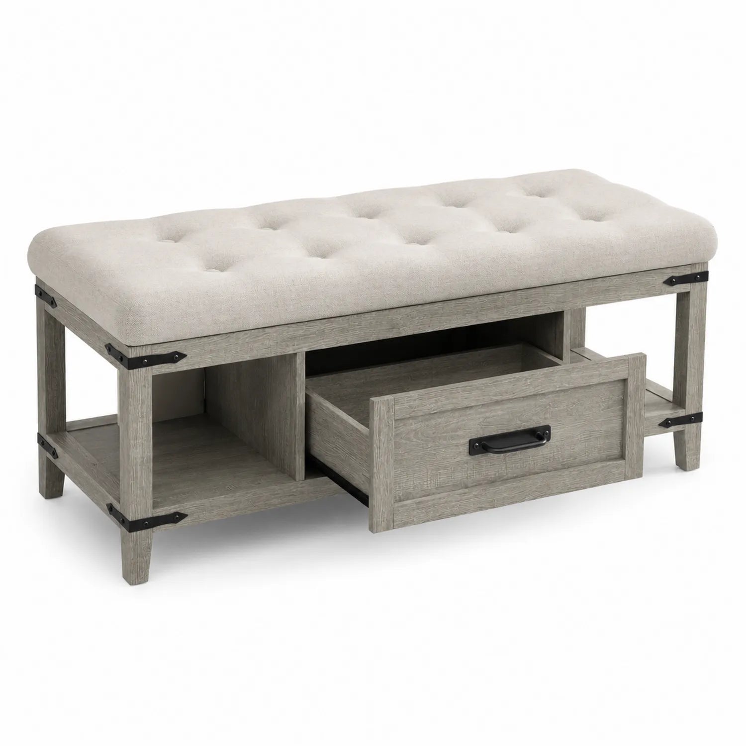 Banco de madera y tela gris con cajón y estantes